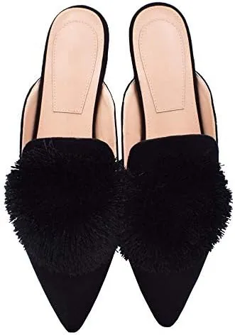 fericzot mules for womenslip on backless loafers flats puff pompom pointed toe casual shoes slippers black 9