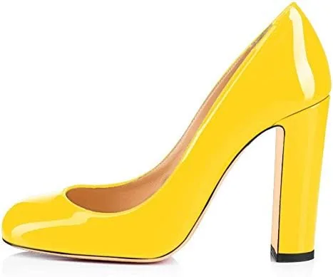 fericzot pumps women sexy patent leather round toe block heels pumps gorgeous evening party wedding shoes plus size yellow 95m