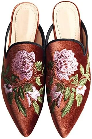 fericzot womens velvet backless pointed toe slip on loafers flats embroidery mule slippers shoes brown 8
